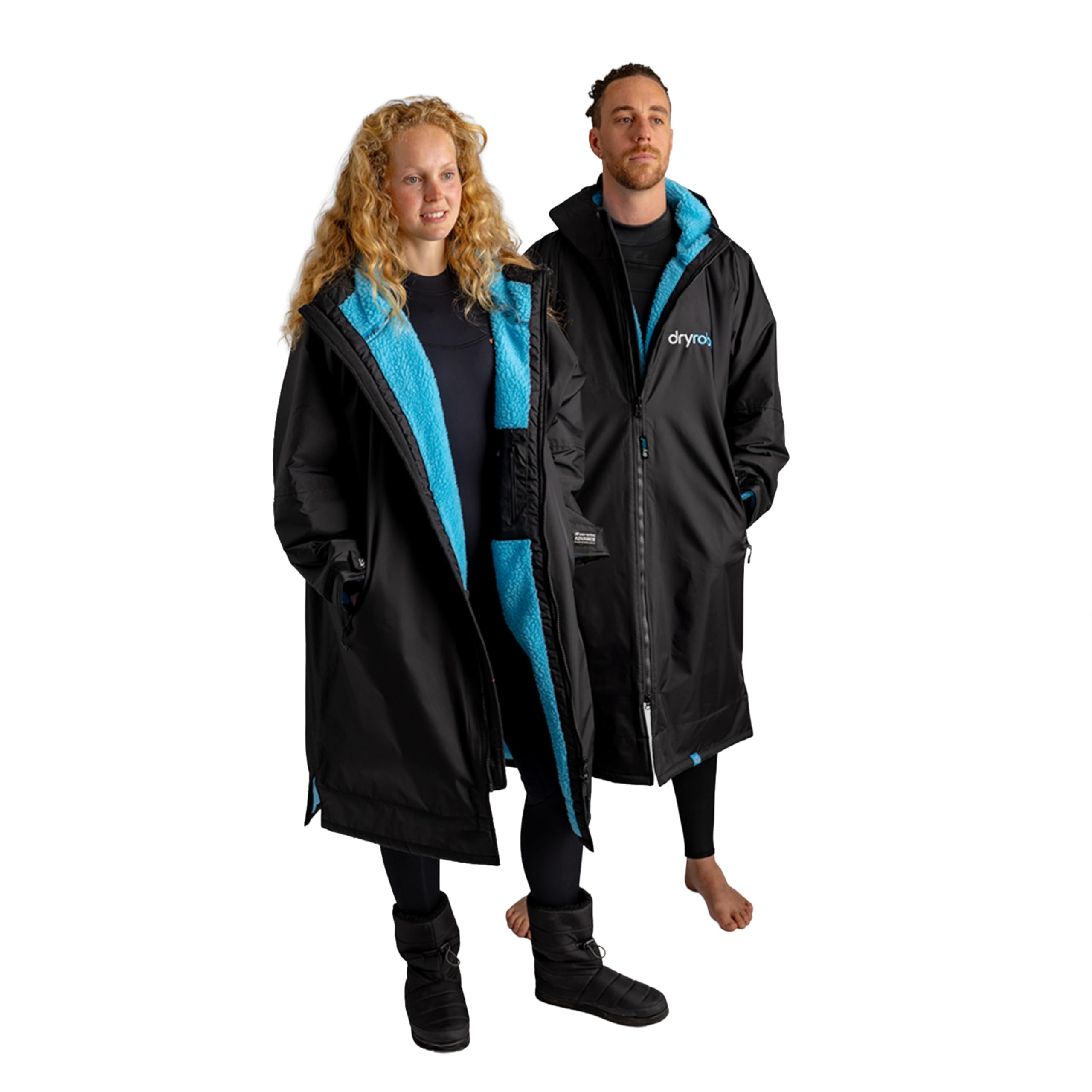 Dryrobe Unisex Blue Black Advance Waterproof Changing Robe - Long Sleeve Oversized Change Robe Coat With Fleece Lining - Hooded Jacket For Beach, Wild Swimming, Surfing Adult Medium - Black/Blue