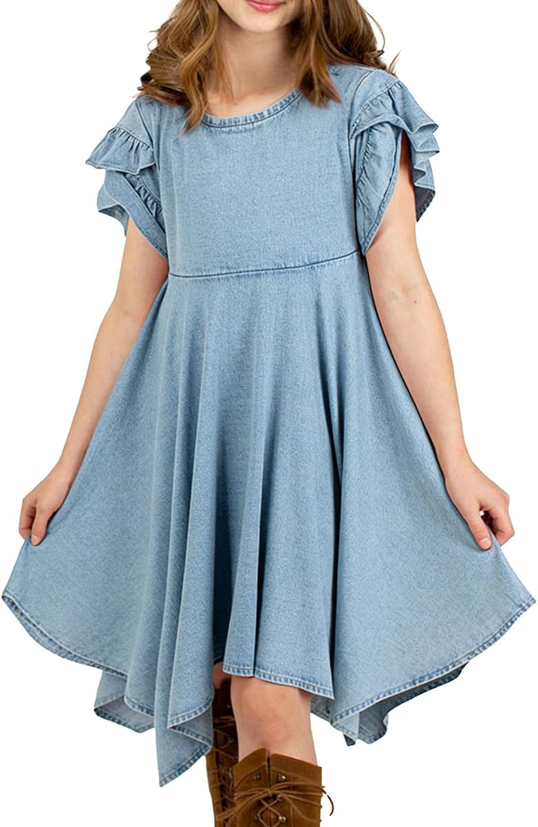 blibean Tween Girls Summer High Low Boho Dresses Size 4-15 | Kids Western Easter Dress, Ruffle Short Sleeve, Crew Neck, Handkerchief Hem, Spring Clothes Outfits