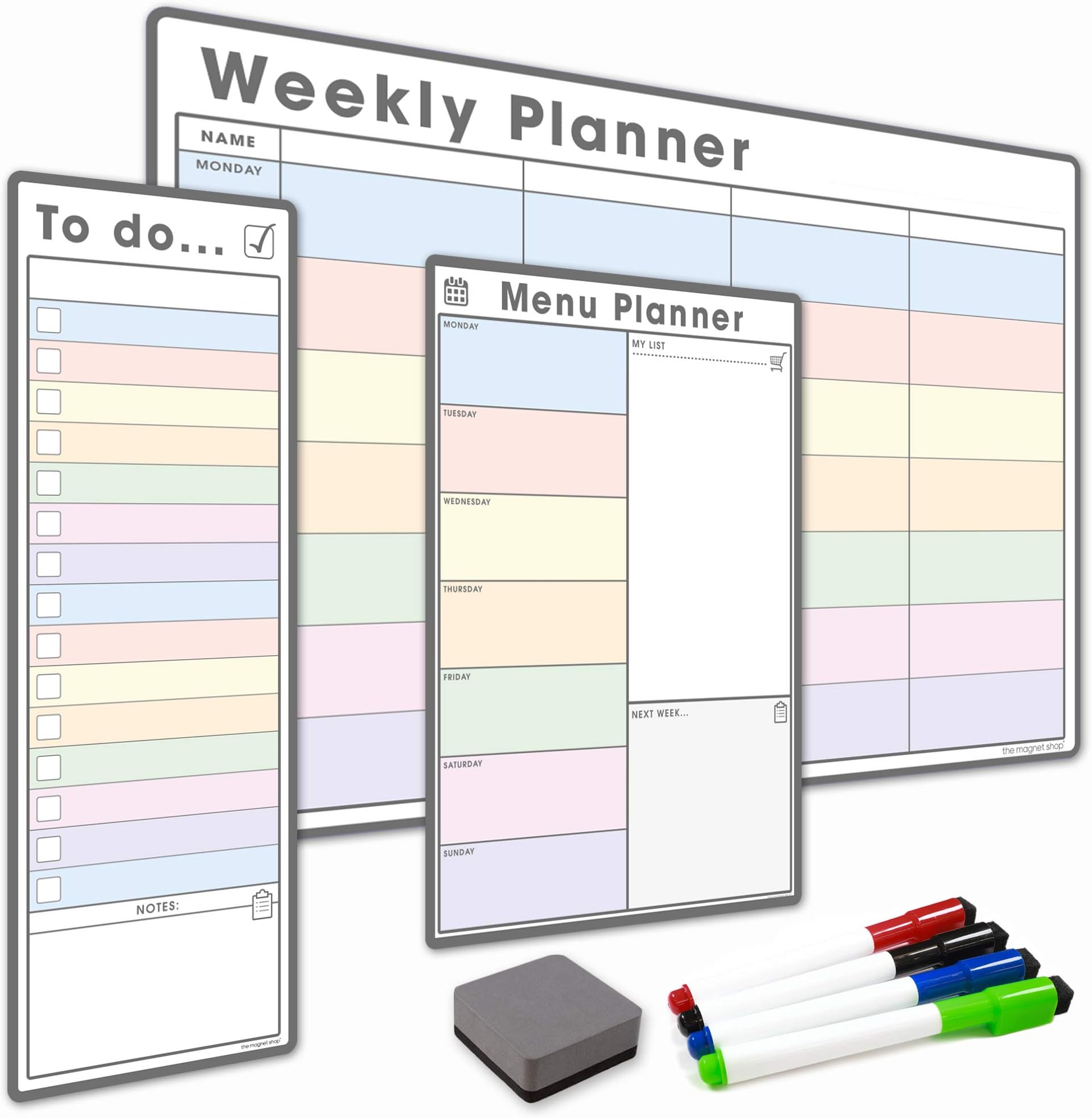The Magnet Shop #1 Magnetic Whiteboard Planner Pack/Custom Dry Erase Set - Weekly Planner, My List, Monthly Calendar, 4 Dry Wipe Marker Pens, Eraser (Pastel, Bundle 3)