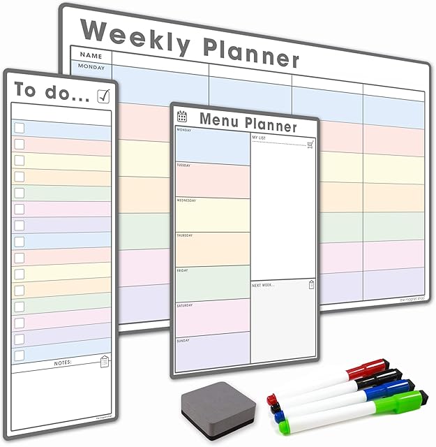 The Magnet Shop #1 Magnetic Whiteboard Planner Pack/Custom Dry Erase Set - Weekly Planner, My List, Monthly Calendar, 4 Dry Wipe Marker Pens, Eraser (Pastel, Bundle 3)