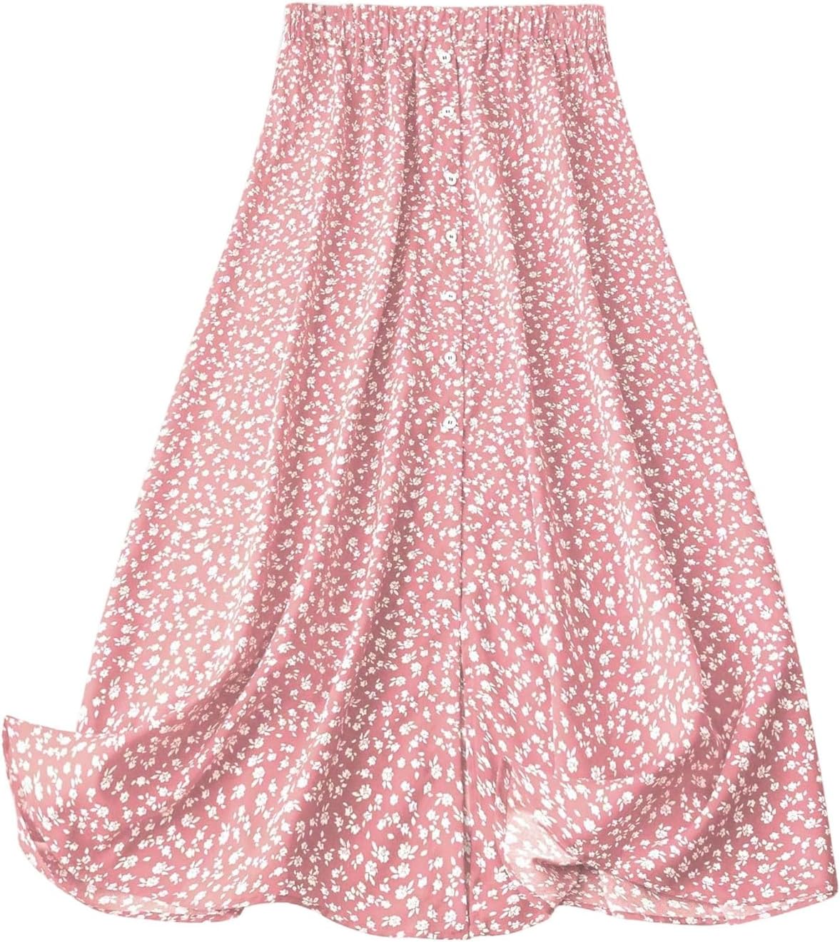 GORGLITTER Women's Plus Size Skirt Boho Trendy Summer Vacation Floral Midi Skirts High Waisted A Line Flowy Maxi Skirt