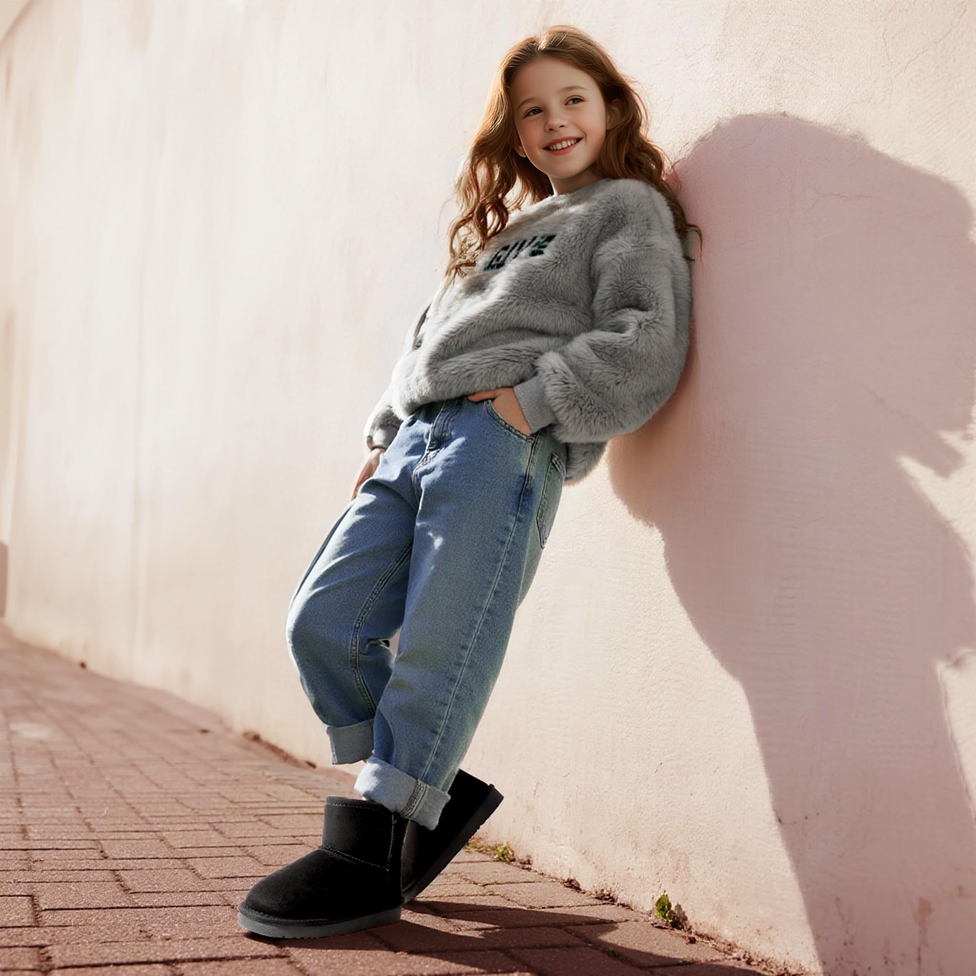 DREAM PAIRS Dziewczęce buty chłopięce dziecięce zimowe buty śniegowe z podszewką ze sztucznego futra FuzzyClassic dziecięce niskie buty dla małego dziecka / małego dziecka / dużego dziecka | Ciepłe krótkie botki śniegowe antypoślizgowe dla małego dużego d