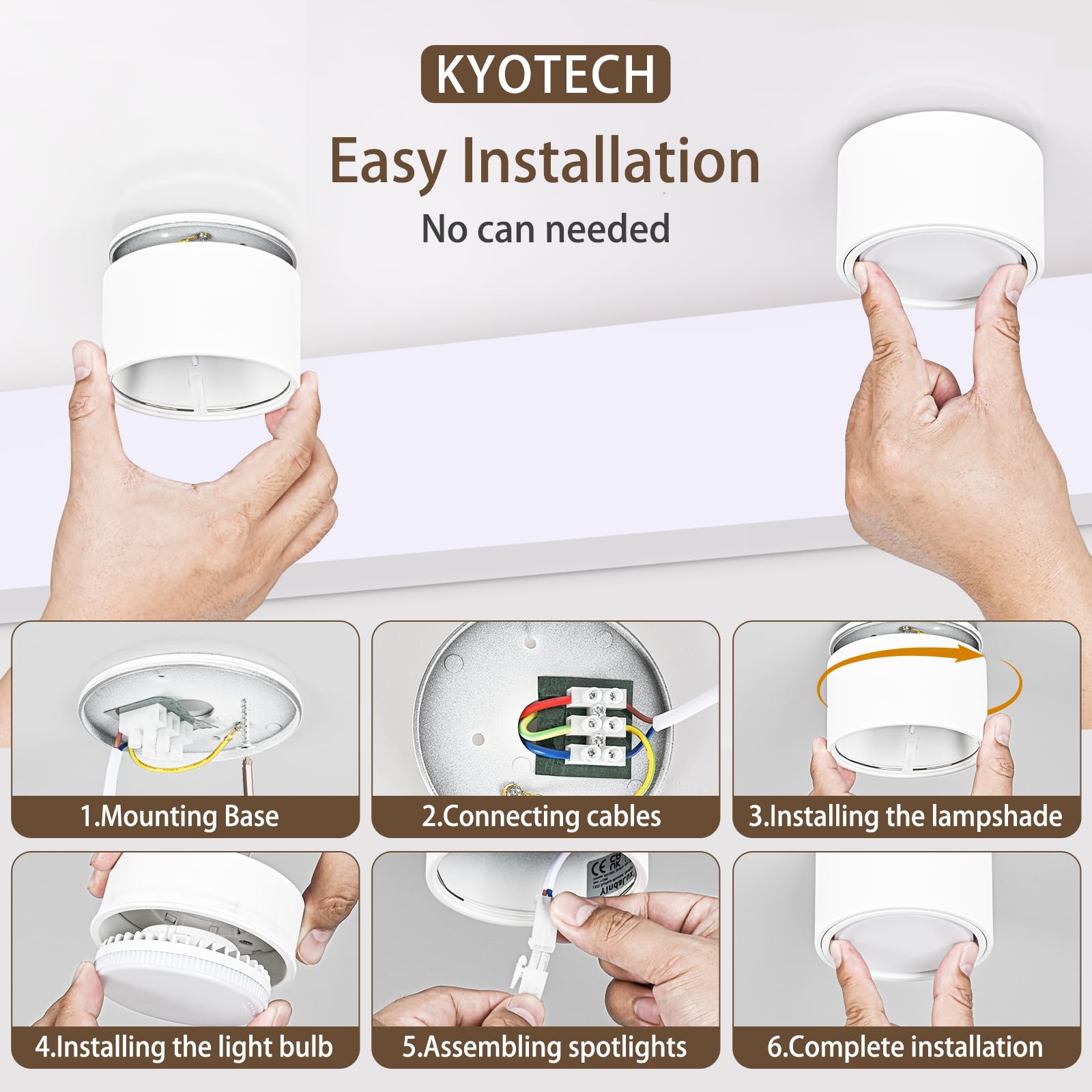 KYOTECH Ściemnialne reflektory LED z reflektorami sufitowymi Ø95 x 55 mm, z modułem LED GX53 7 W 800 LM 230 V, 2700K/4000K/6500K, sufitowy wystający, okrągła lampa sufitowa do salonu, 4 sztuki