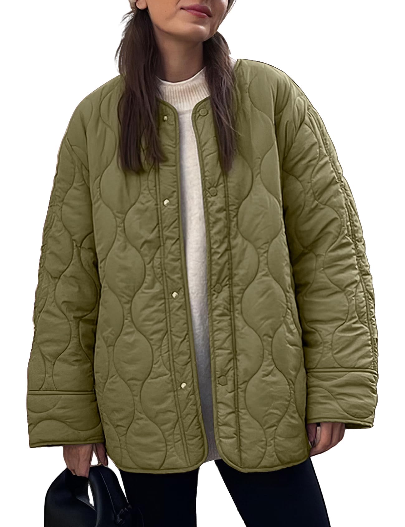 Women's Fall Winter Quilted Cotton Coat: Loose Fit Round Neck Casual Jacket, Solid Color Oversized Padded Outerwear for Trendy Daily Streetwear — view 13