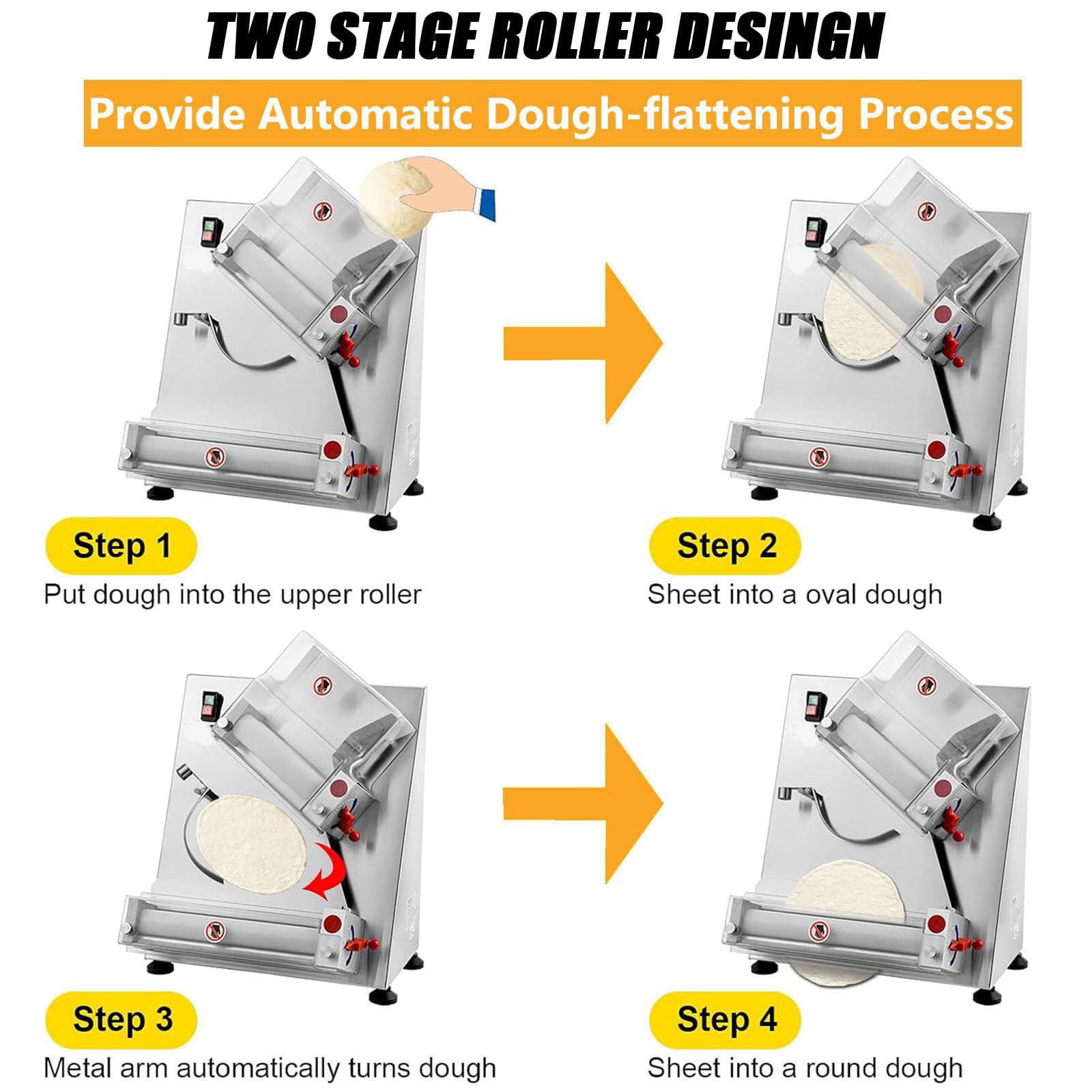 Rullo Per Pasta Per Pizza 370 W, Max 11", Rullo Per Pasta Per Pizza Elettrico Automatico Da 370 W, Macchina Per Impastare A Spessore Regolabile In Acciaio Inossidabile Per Attrezzature Per Noodle