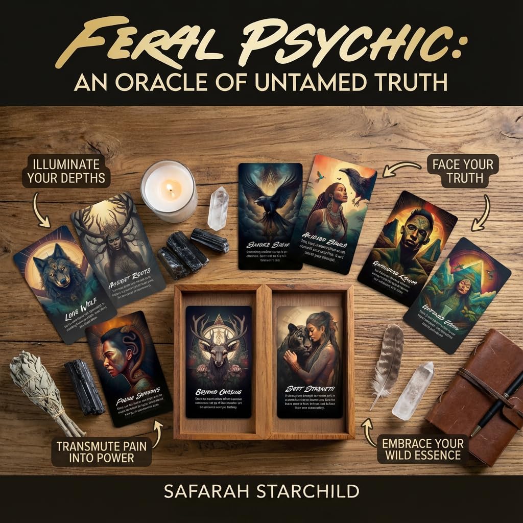 Feral Psychic: An Oracle of Untamed Truth by Safarah Starchild - Shadow Work and Self-Discovery Deck for Healing & Transformation - 60 Tarot Sized Cards with Keywords and Meanings on Them