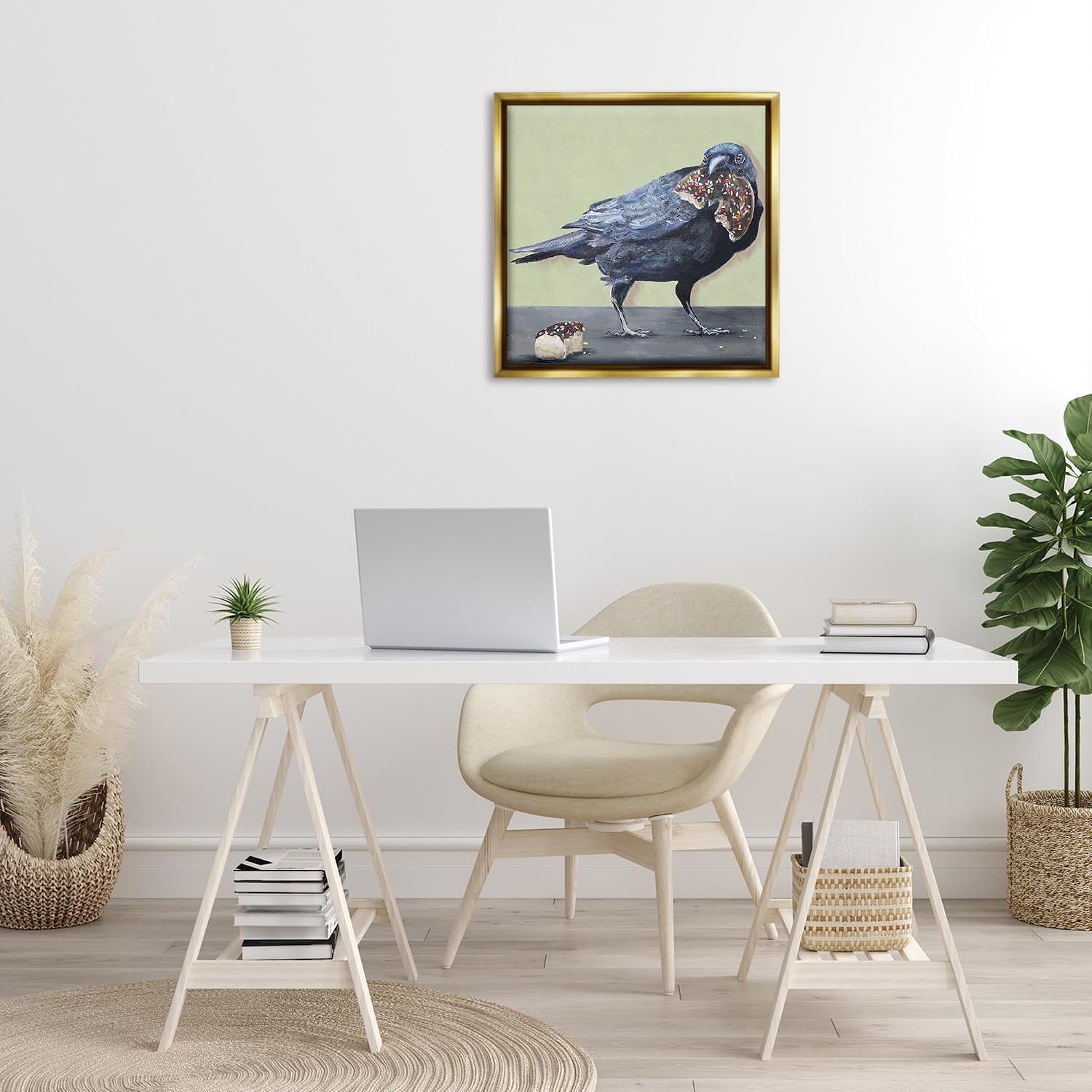Stupell Industries 'Crow Eating Donut'| Floating Frame Canvas Art | Stupell Industries | Gold, 25 x 25 Inches, Easy to Hang and Sturdy, Made in USA, by Kamdon Kreations