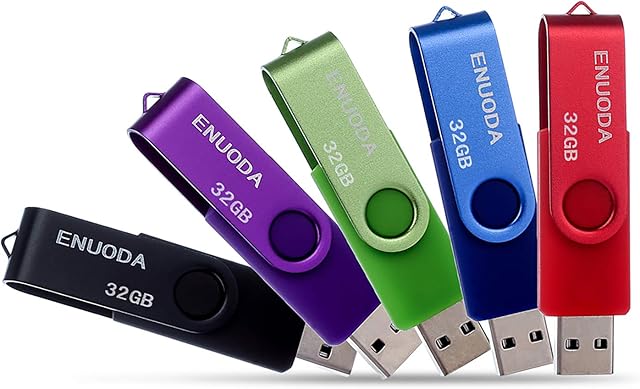 32GB Memory Stick 5 Pack ENUODA USB 2.0 Flash Drive Swivel Design Pen Drive USB Stick Thumb Drive for Data Storage (Black Purple Green Blue Red)