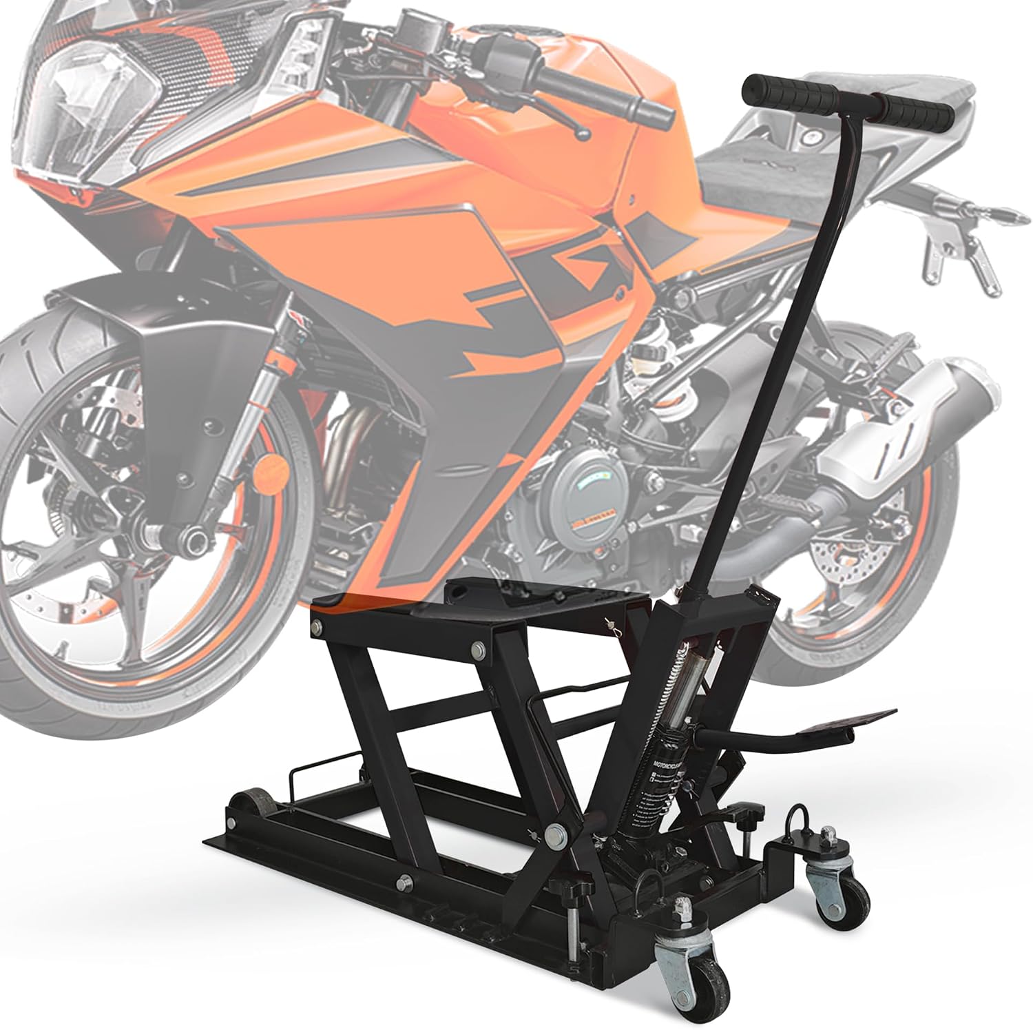 Hydraulic Motorcycle Lift Jack, 1500 LBS Capacity, ATV Scissor Lift Jack Portable Motorcycle Lift Table with 4 Casters, Hydraulic Foot-Operated Hoist Stand for Motorcycle ATV UTV Powersports, Black