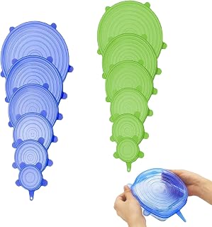12 PCS Silicone Lids Food Covers, Reusable Lids For Yoghurt Pots, 6 Different Sizes Silicone Stretch Lids, Safe Food Grade Silicone, Microwave Food Cover, Easy to Clean (Blue+Green)