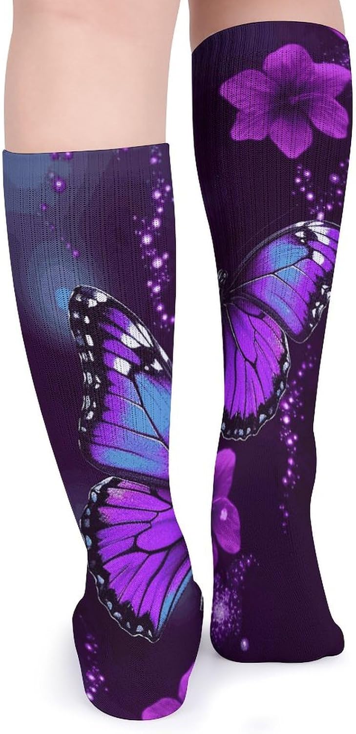 Super Value Fashion Large Chemical Fiber Men's And Women's Breathable Purple Butterfly Printed Stockings 5 Pairs of Super Soft Non-binding Moisture Wicking Christmas Socks 15.7 in