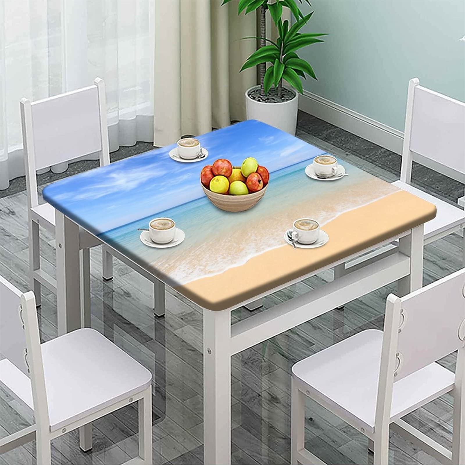 Beach Square Tablecloth, Waterproof Fitted Table Cloth for Outdoor Indoor Picnic, Summer Theme Wipeable Elastic Polyester Table Cover, Fits Tables up to 42
