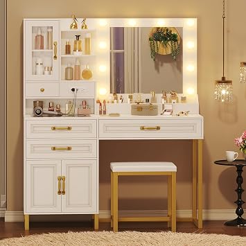 BTHFST Makeup Vanity Desk with Mirror and Lights & Charging Station & Makeup Stool, Vanity Table Set with Glass Top Storage Drawer & Beach & 3 Shelves for Bedroom Modern White & Gold