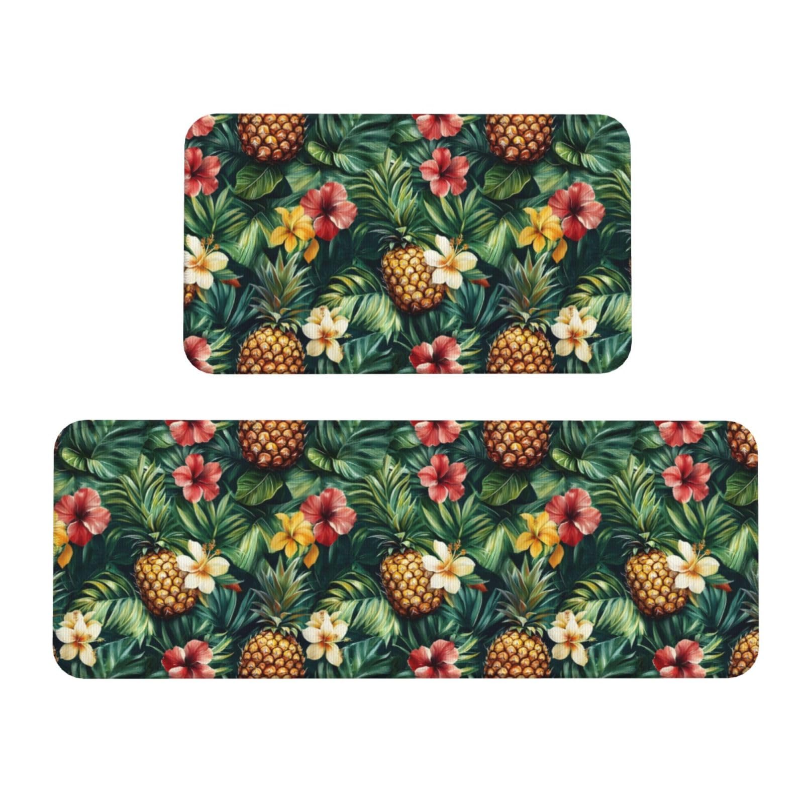 GVYGVY Antifatigue Kitchen Mats for Floor 2 Piece - Tropical Pineapple Plant Print Kitchen Rugs Washable, Non Slip Runner Rug Standing Mat for Office/Bathroom/Laundry/Home Decor and Accessories
