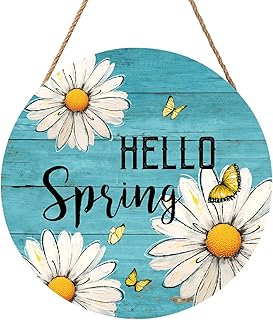 Spring Daisy Flower Sign for Front Door Hello Spring Wall Hanging Sign 12”x12” Welcome Butterfly Wood Door Hanger Farmhouse Rustic Blue Daisy Floral Wreath Sign for Home Outdoor Outside Porch Decor