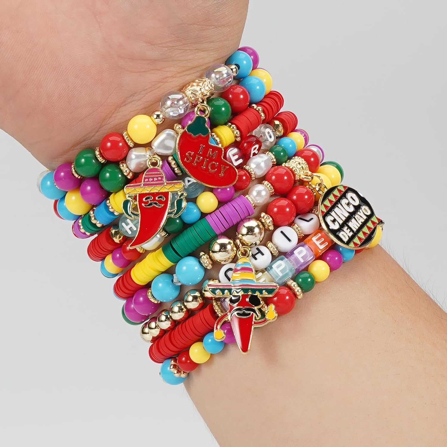 Lonext Cinco de Mayo Beaded Bracelet Stackable Mexican Fiesta Stretch Bracelet Holiday Sombrero Chili Pepper Pinata Festive Charm Bracelets image 5