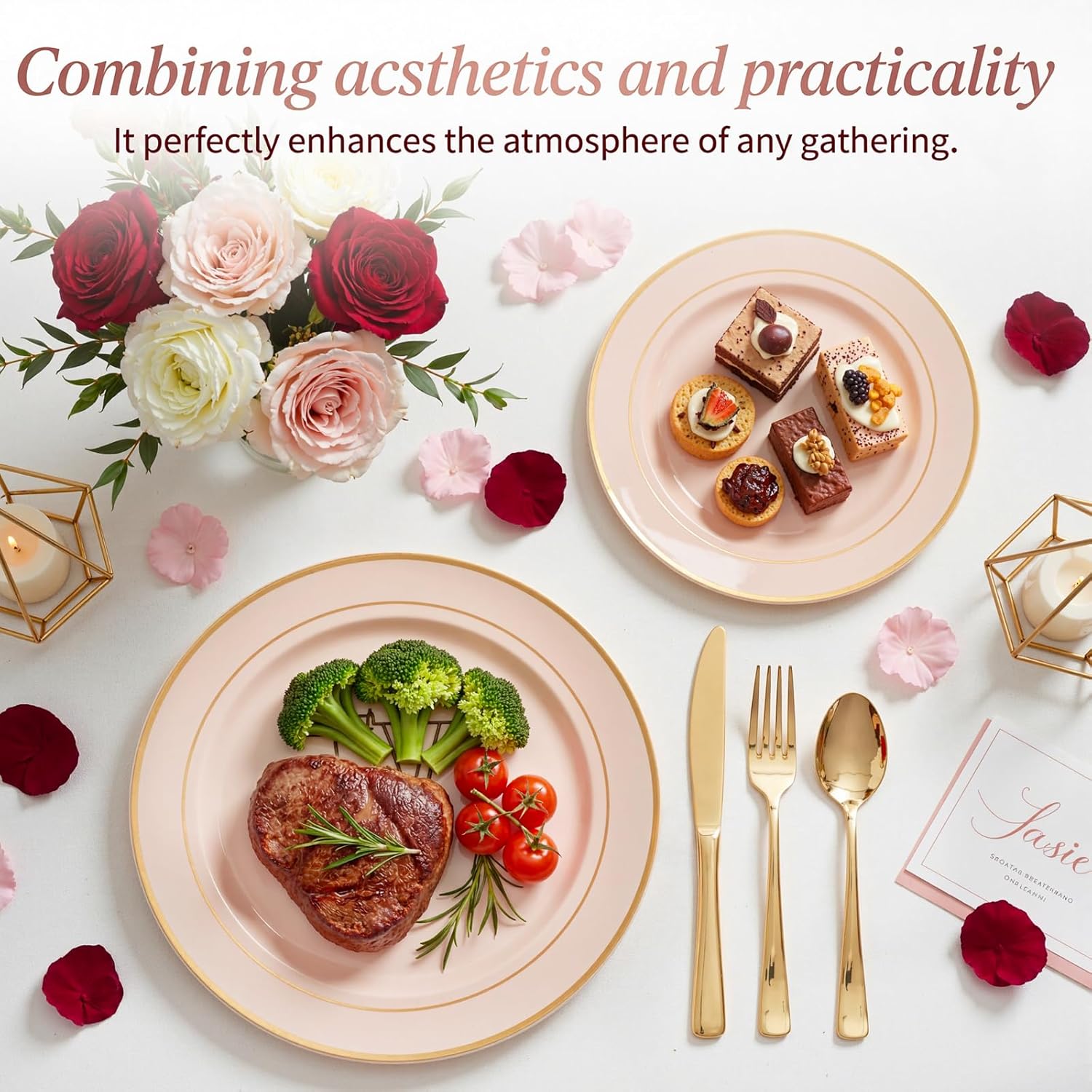 NOCCUR 200PCS Pink Plastic Plates for 100 Guests - Include 100PCS 10" Dinner/ 100PCS 7" Dessert Plastic Plates Heavy Duty - Ideal for Wedding/Party/Easter Day