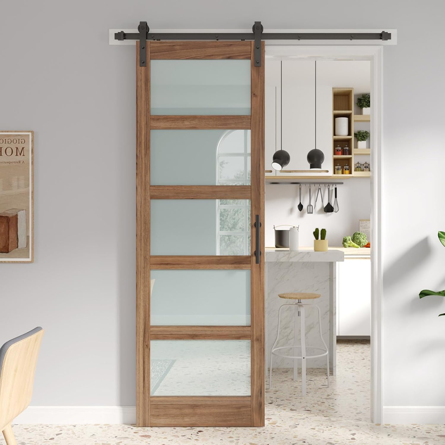 fredbeck 32 x 96 inch glass barn door with 5.5ft barn door hardware kit & handle included,5-panel frosted glass,water-proof surface,pre-drilled holes,need assembly 32x96