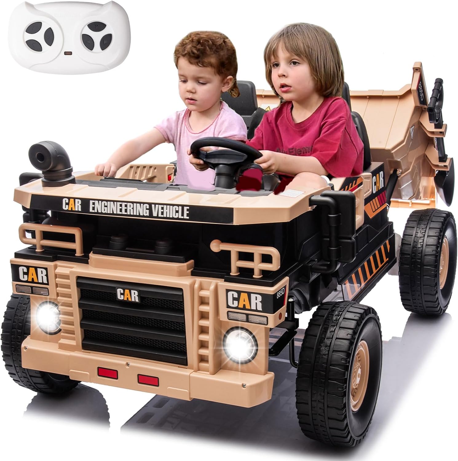 Ride on Dump Truck, 4WD Kids Car with Remote Control, Electric Dump Bed and Shovel, Ride on Construction Vehicles Powerful Motors Up to 5Mph, 2 Seater Soft Start for Boys Girls (Khaki, 24V)