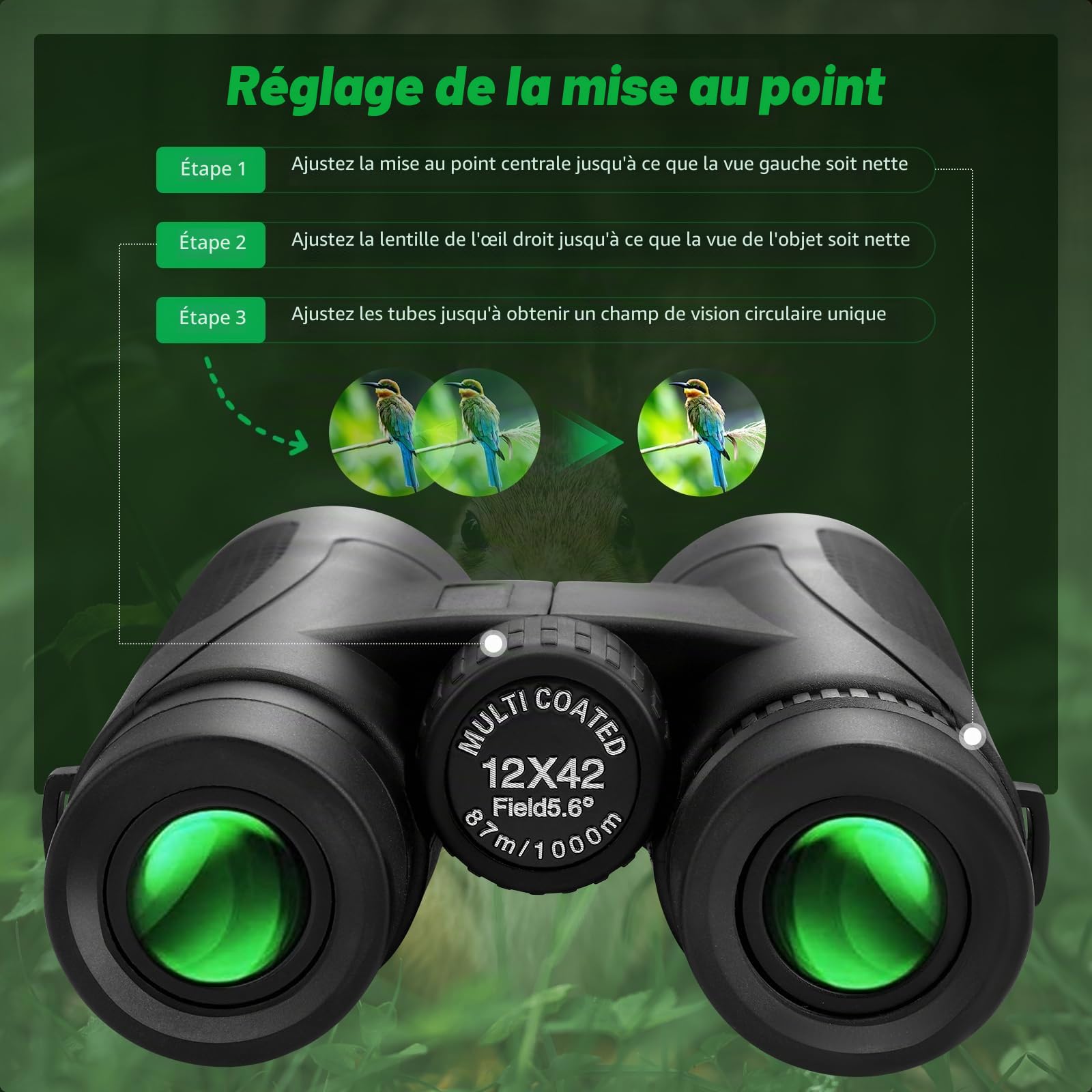 Jumelles compactes 12 x 42 HD BAK4 HD, objectif FMC étanches pour observation des oiseaux, chasse, voyage, randonnée, tourisme, noir