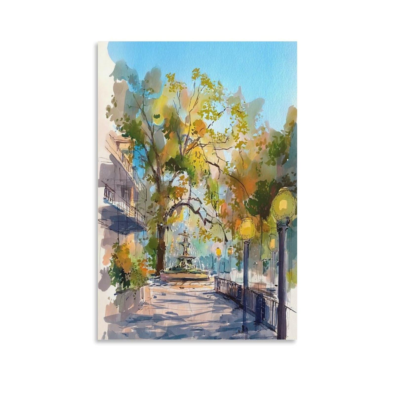 LCYNNH Savannah Forsyth Park Tree 20x30inch(50x75cm) Vintage Travel Poster Watercolor Canvas Art
