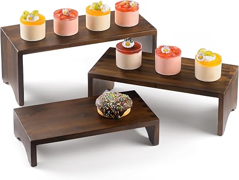 Tidita Wooden 3 Tier Cupcake Stand with Non-Slip Pads Walnut Color | Set of 3 Size ,Solid Acacia Wood, No Assembly Required, Finger-jointed, Space-Saving Nesting Design, Multi-Purpose Display