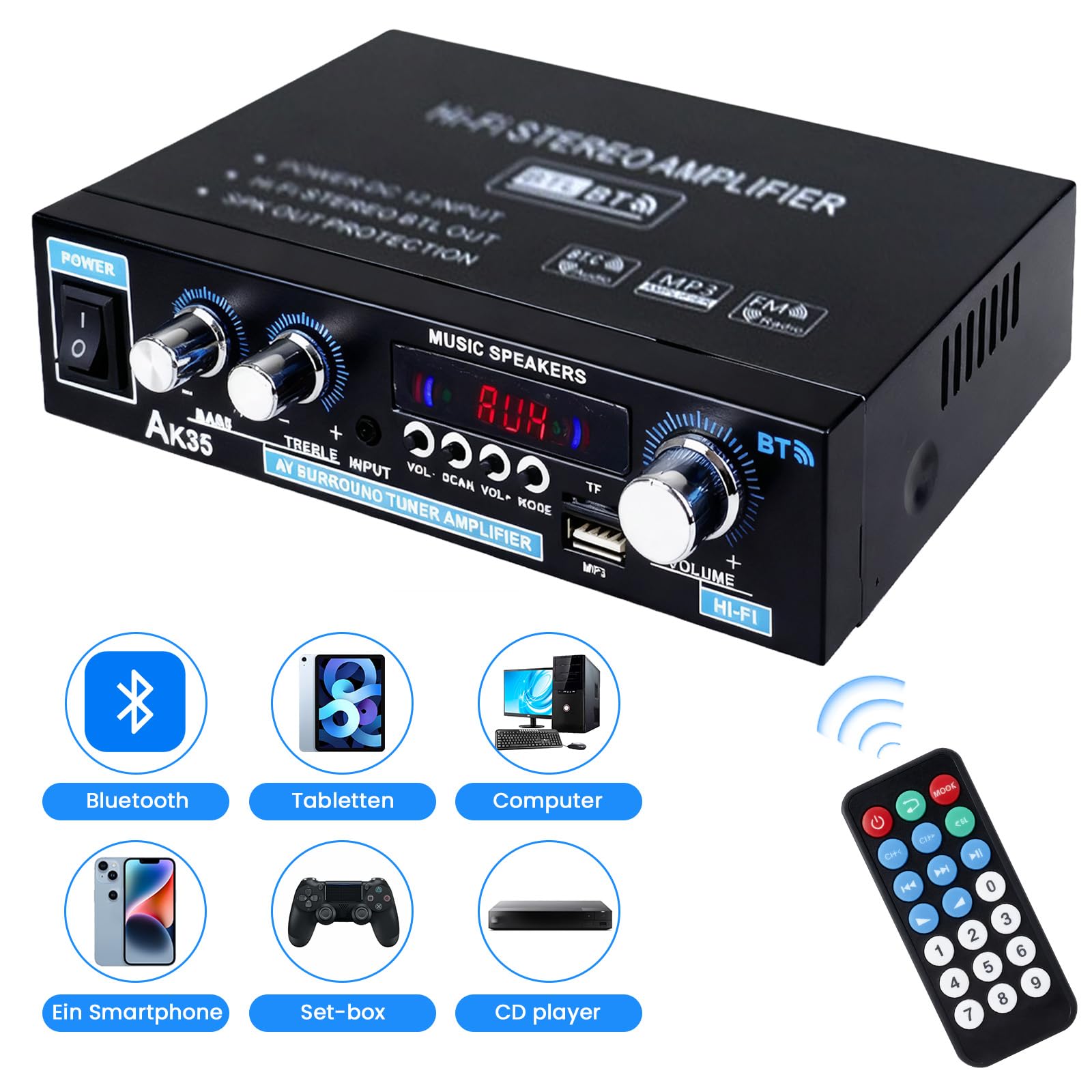 AK35 Amplificatore HiFi Bluetooth 5.0 2.0 Canali 30W X 2 Amplificatore Stereo HiFi Amplificatore Finale di Potenza Mini Radio Audio Amplificatore Ricevitore con Radio FM, Telecomando, Scheda SD, USB