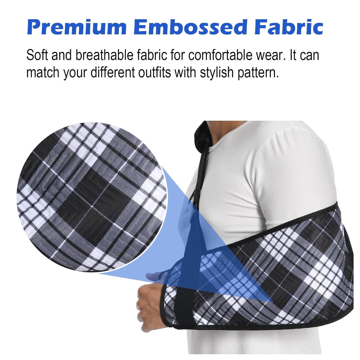 Plaid Arm Sling for Shoulder Injury with Removable Shoulder Strap, Soft Embossed Fabric Shoulder Immobilizer for Men and Women, Medical Arm Sling for Broken Arm, Black