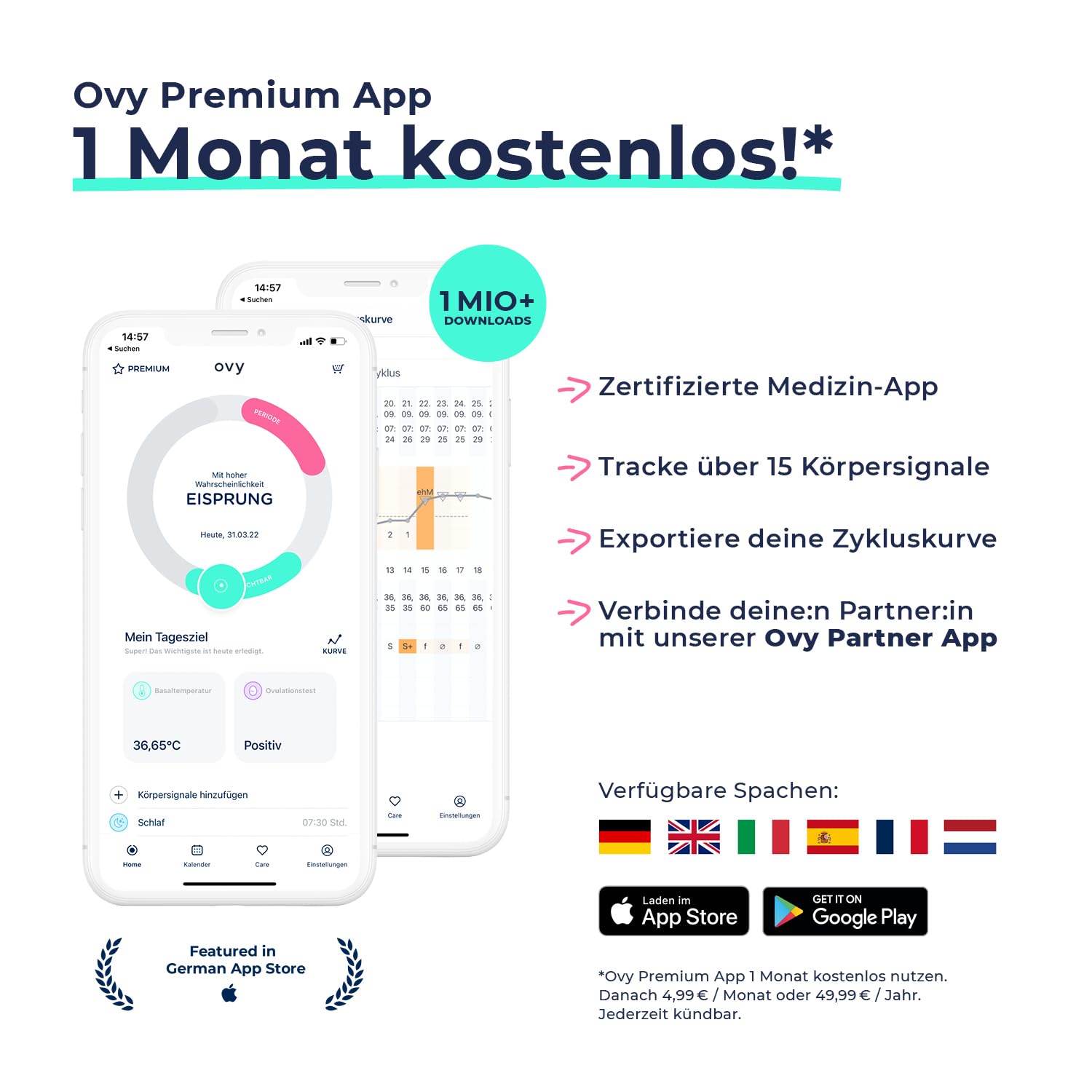 Ovy Termómetro basal Bluetooth con aplicación Ovy certificada por la UE para la prevención sin hormonas y para los deseos de los niños