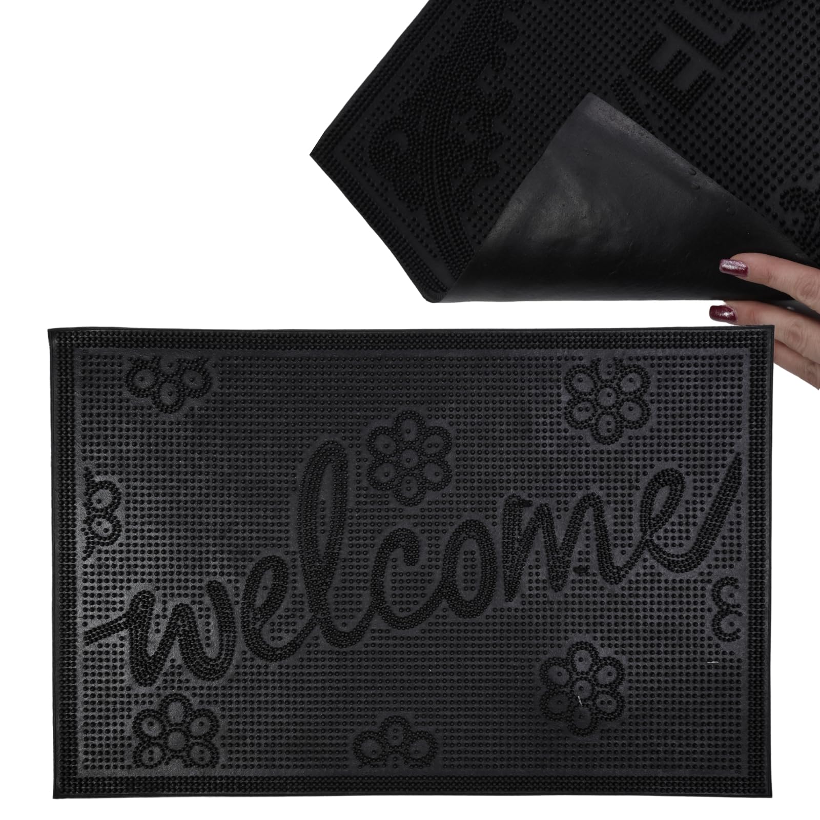 Door Mat Doormats Non Slip Rubber Indoor Outdoor Home Garden Textured Black Large Flower Design Welcome Shoe Scraper Decorative Entrance Porch (Welcome - Small Flower)