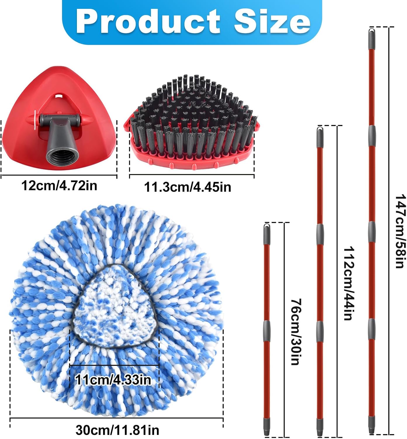 Spin Mop Handle,Replace Head,Scrub Brush Head and Base for Ocedar Rinseclean 2 Tank System,Include 4 Section Durable Mop Stick,2 Microfiber Mop Heads Replacements,1 Scrubber 1 Base,Bucket Not Included