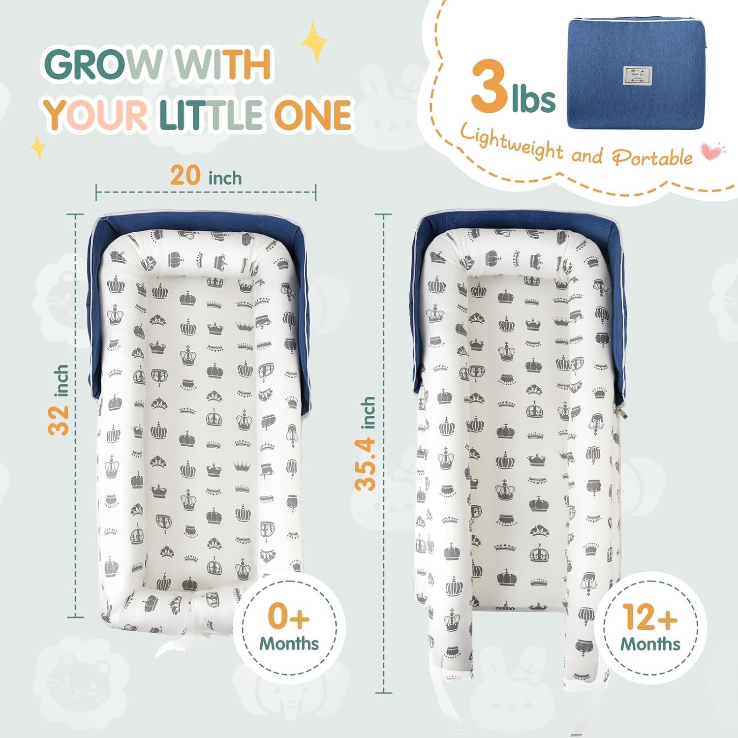 Portable Baby Lounger - Foldable Infant Lounge with Adjustable U-Shaped Bumper & Storage Bag, Breathable Cotton Snug Spot for Supervised Rest & Play at Home or On The Go,Blue Crown - Image 5