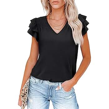 Amazon.com: Women Summer Ruffle Sleeve Top Pure Color V Neck