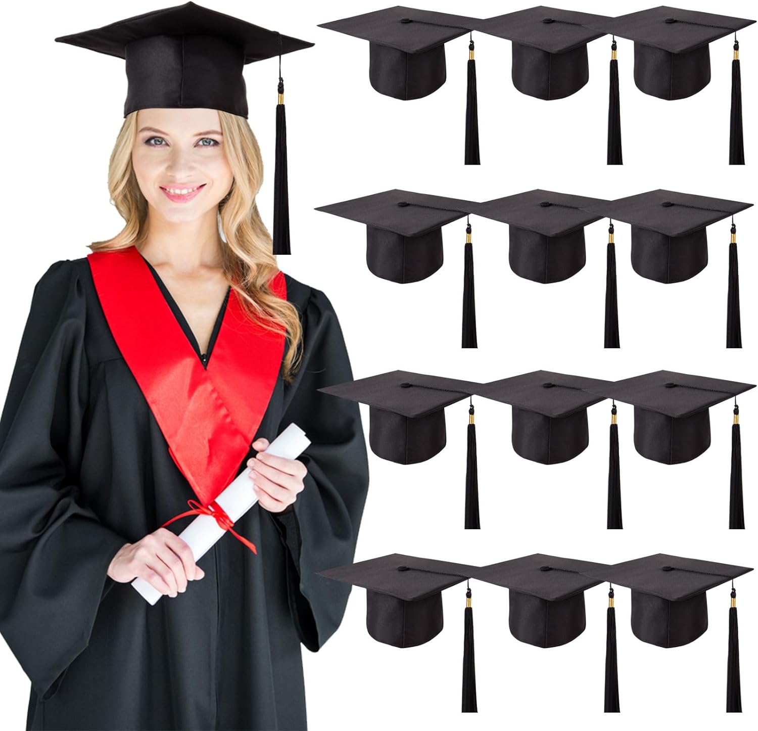 MixTeach 12 Pcs Unisex Matte Graduation Caps with Tassel Adjustable Graduation Hat 2026 Grad Caps for Graduation Supplies