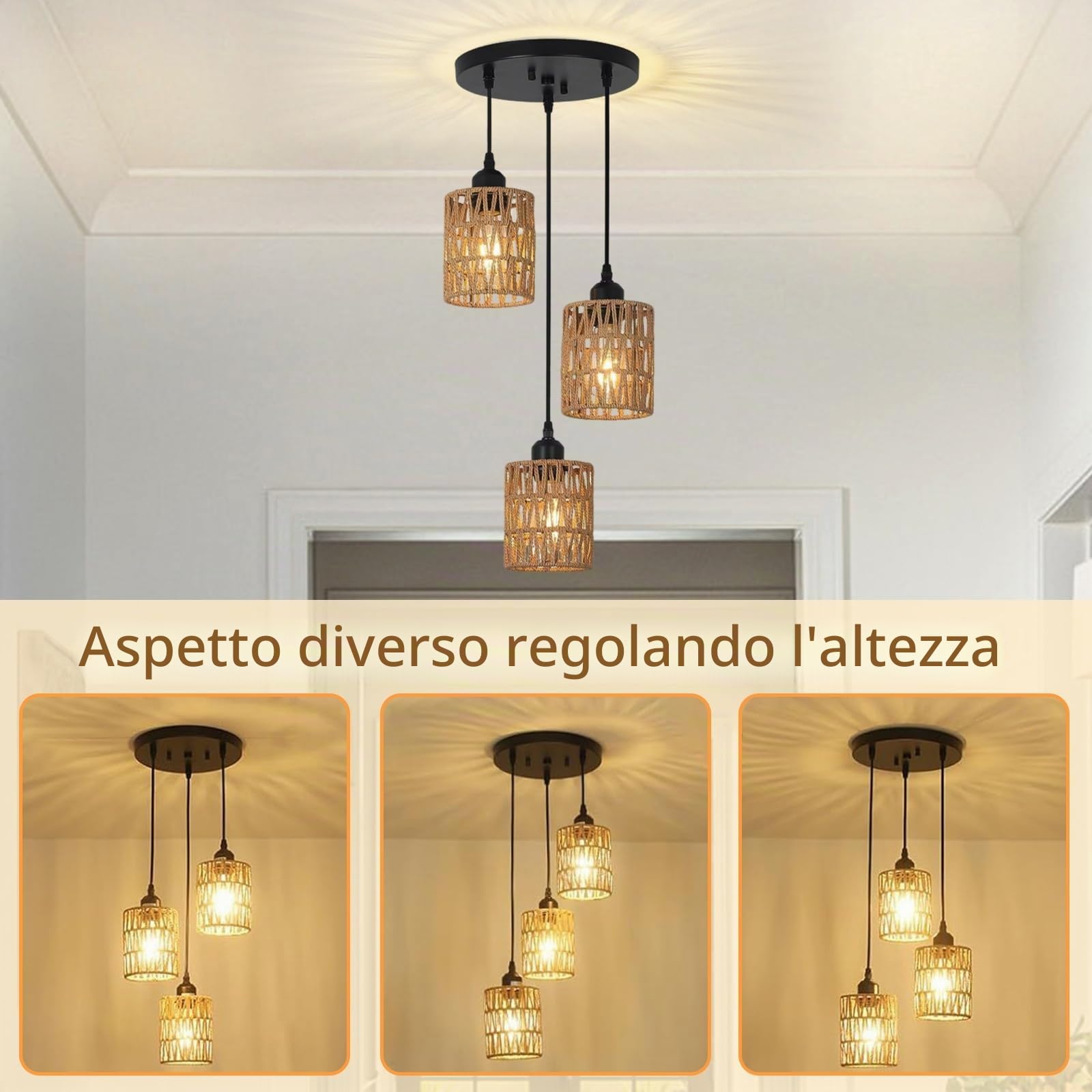 Lampade a Sospensione 3 Luci a Rattan, Retrò Paglia da Soffitto | Boho Lampadario Cucina, Attacco E26, Cavo del Ciondolo Regolabile, Lampadina non Inclusa, per Soggiorno Camera da Letto-Nero