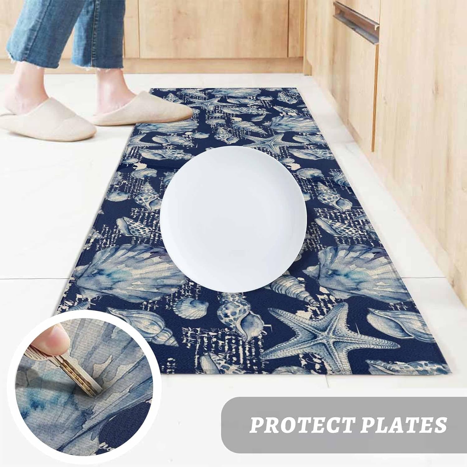 Teamery Kitchen Mats for Floor Summer Ocean Shell Starfish Washable Non Slip Kitchen Rugs 1PCS, Vintage Navy Blue Absorbent Standing Mats for Sink Bathroom Office Living Room 15.7x47.2in