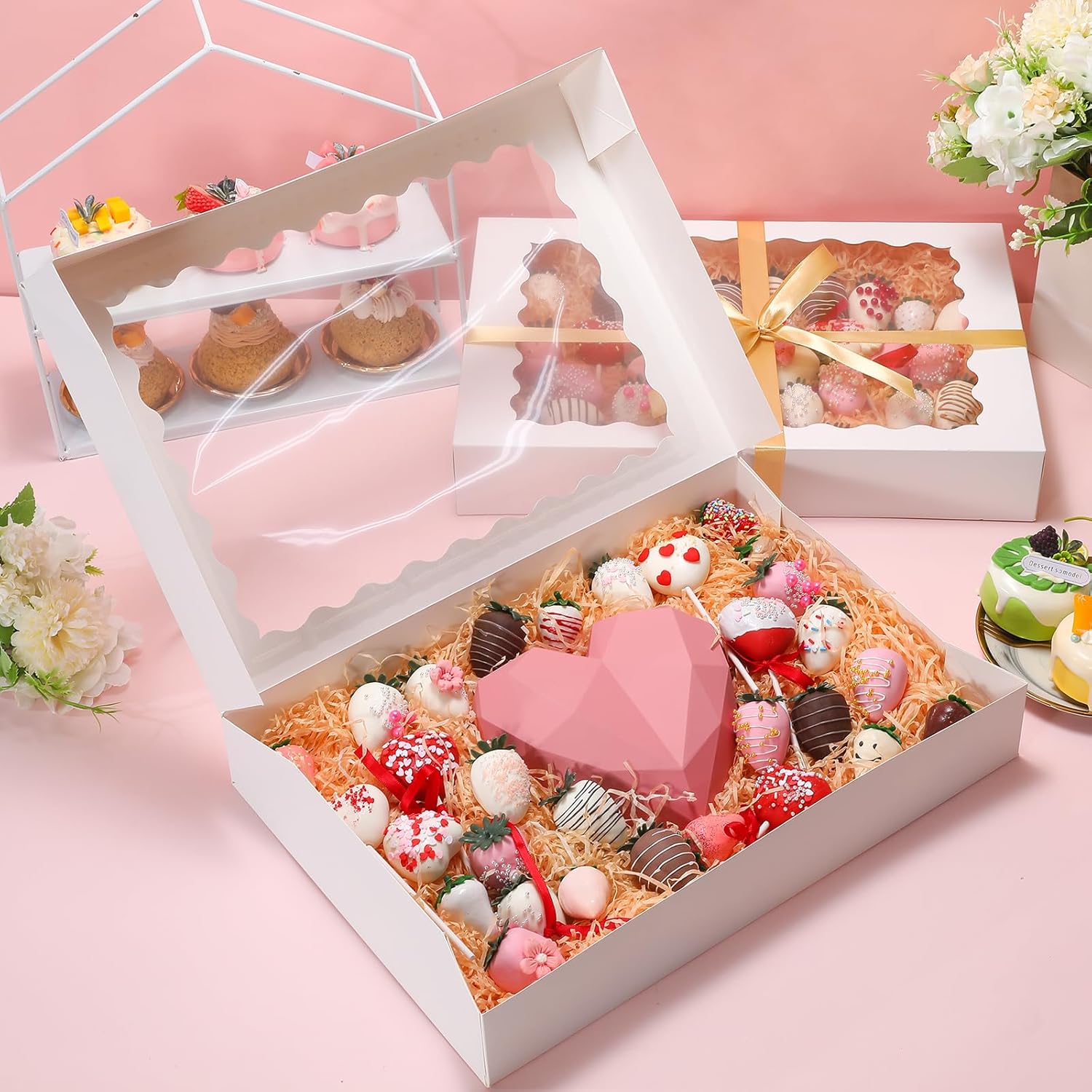 24pcs Cookie Boxes with Window, 16x11x2.5 in Large Auto-Popup Bakery Boxes with Ribbon and Sticks for Treats, Desserts, Chocolate Covered Strawberries, Pies, Muffins, Donuts