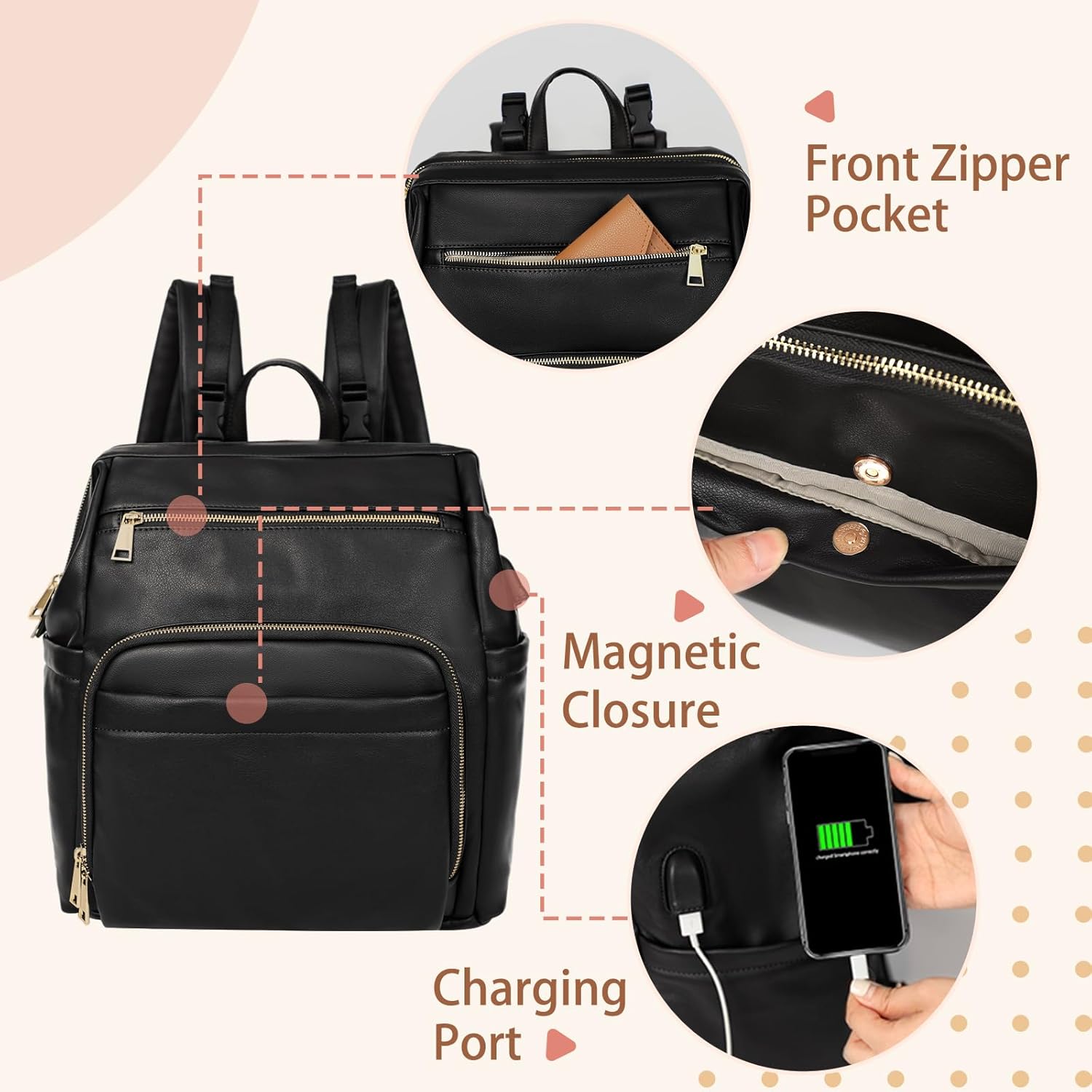 Omanmoli Diaper Bag Backpack Leather Large Baby Diaper Bag Essentials With 18 Organizing Pockets,6 Insulated Pockets,USB Charging Port,Stroller Straps,Changing Pad (Black) - Image 3