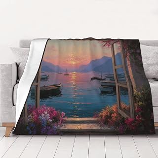 Flower-Framed Seaside Warm Blankets for Autumn Winter,Serene Coastal Color Palette,Beautiful Impressionist Art, Romantic Design, Perfect for Couples Or Landscape Enthusiasts 80"X60"