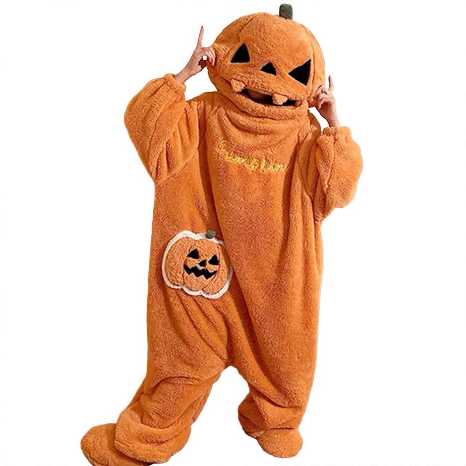 Genérico Disfraz Halloween de Calabaza Mono Pijama Unisex Soft Comfortable Wearable Pijama de Felpa con Capucha para Hombre y Mujer, Ideal para Fiestas Disfrazadas y Noches de Pijamas M-XXL