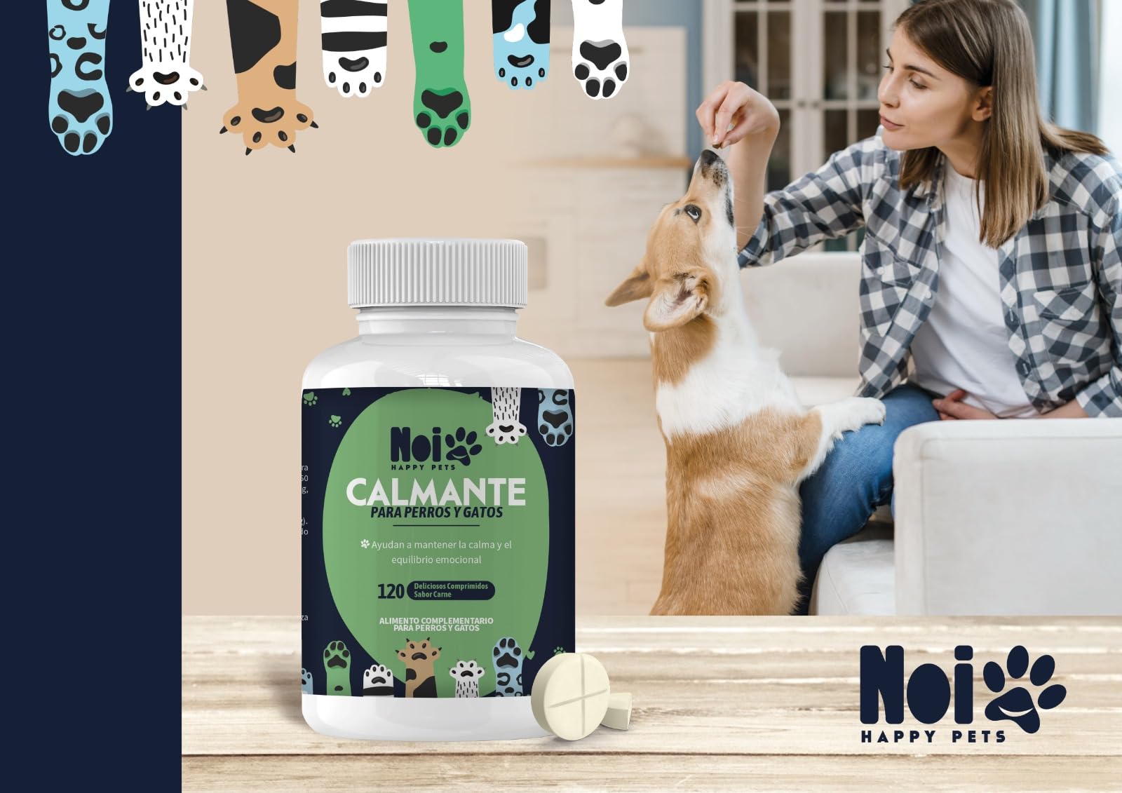 Calmante Natural para Perros y Gatos. Comprimidos de Sabor a Carne. Alivia Estrés y Ansiedad. Ingredientes Naturales Seguros. Mejora el Bienestar Emocional de Mascotas