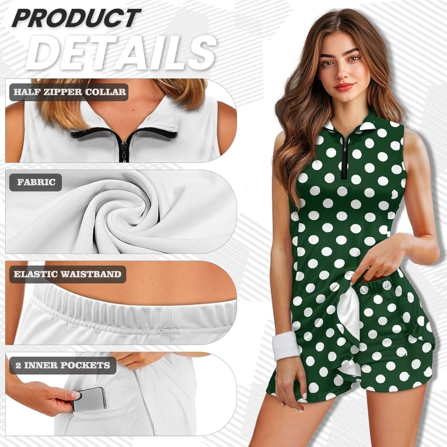 Women Sleeveless Golf Dress with Inner Shorts Pockets for Polo Tennis Summer Pickleball Quick Dry Athletic Skirt