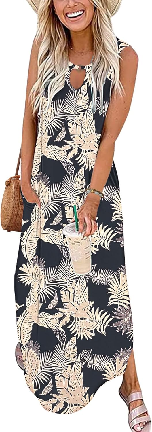 MISFAY Women's Summer Maxi Dress Sleeveless Casual Loose Long Beach Split Dresses with Pockets