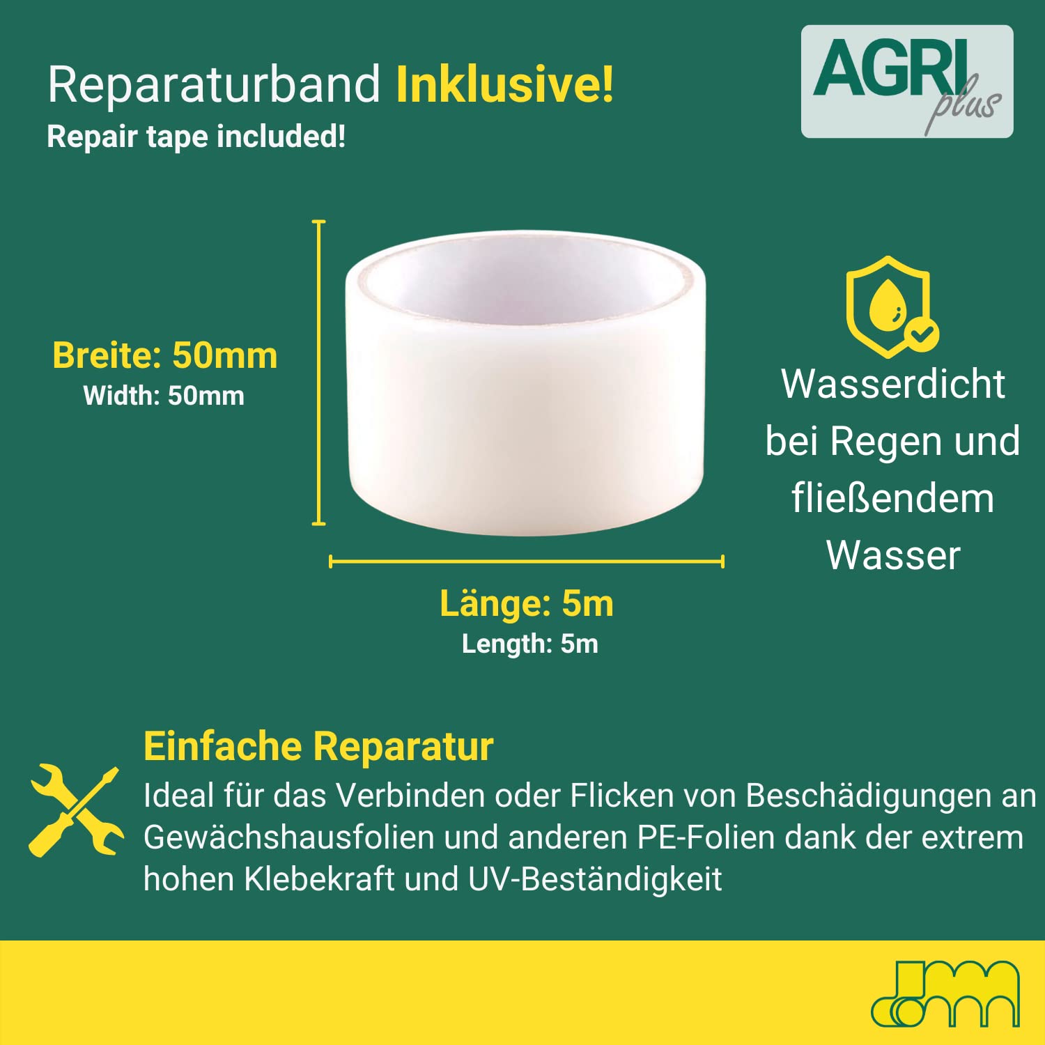 AGRI plus Broeikas folie met reparatietape, 3,2 x 10 m, verschillende maten, dikte 0,200 mm, scheurvaste tuinfolie voor afdekkingen, afdekzeil, weerbestendig en 5 jaar uv-bestendig