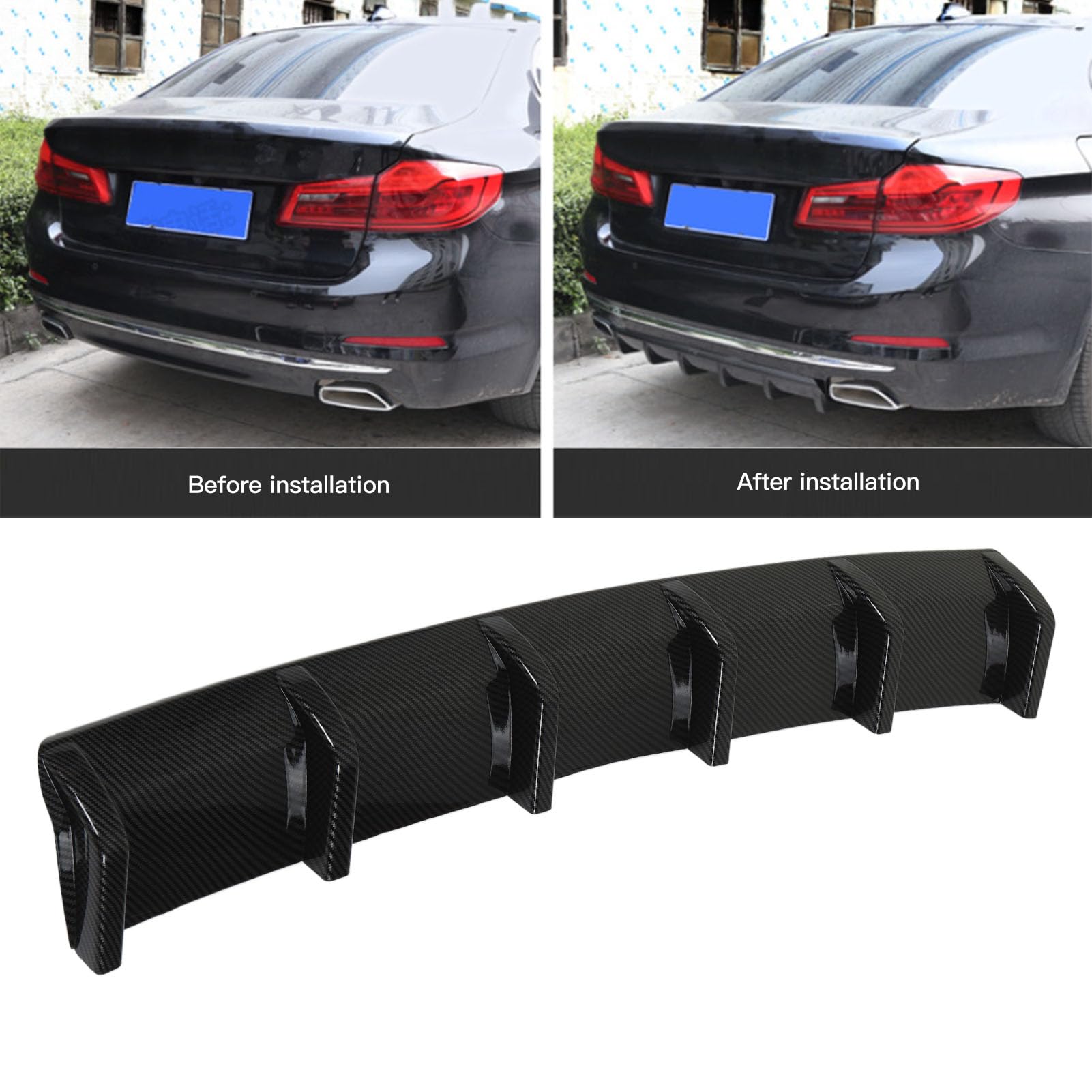 Carbon Fiber Pattern Rear Bumper Lip Diffuser – 4 Shark Fins Splitter – Universal Fit