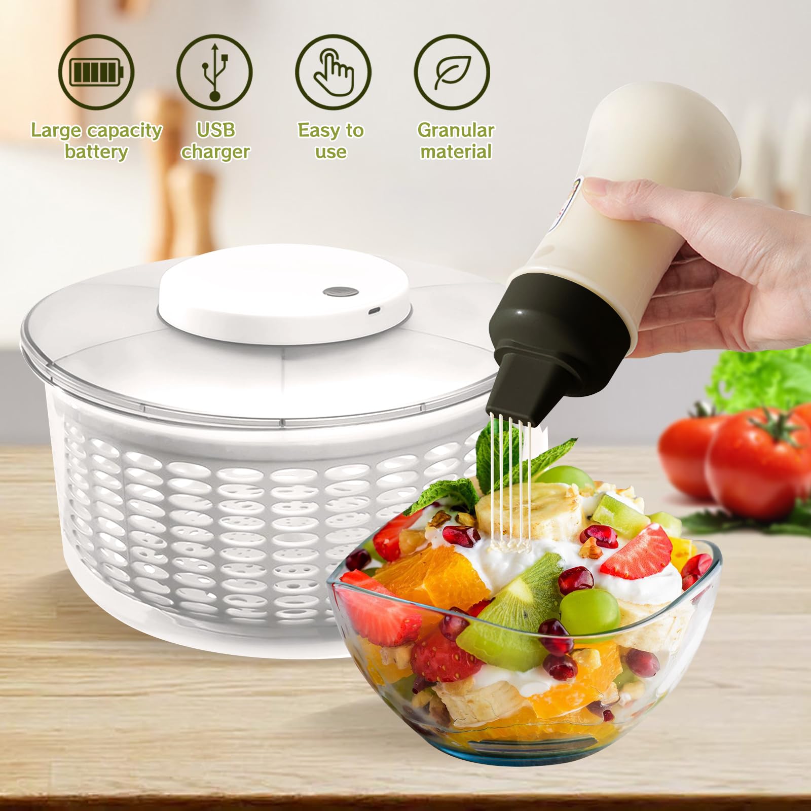 Centrifugador eléctrico de ensalada, 6 L, de gran capacidad, automático, para verduras, frutas, escurridor, escurridor, colador de lechuga de carga USB, con botella exprimible de 350 ml para la cocina