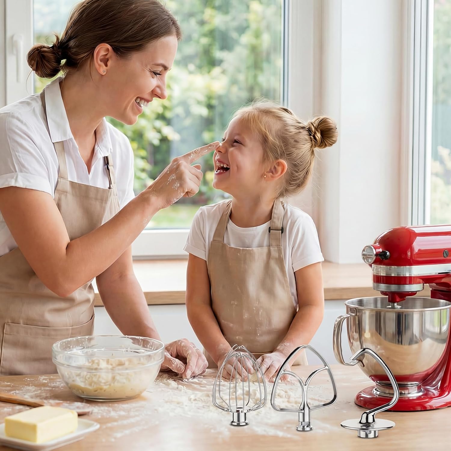 Stainless Steel Mixer Attachments for KitchenAid 4.5-5 Qt Tilt-Head Stand Mixer, Dishwasher Safe Set with Wire Whip, Dough Hook and Flat Beater, Heavy Duty Replacement Accessories for Baking