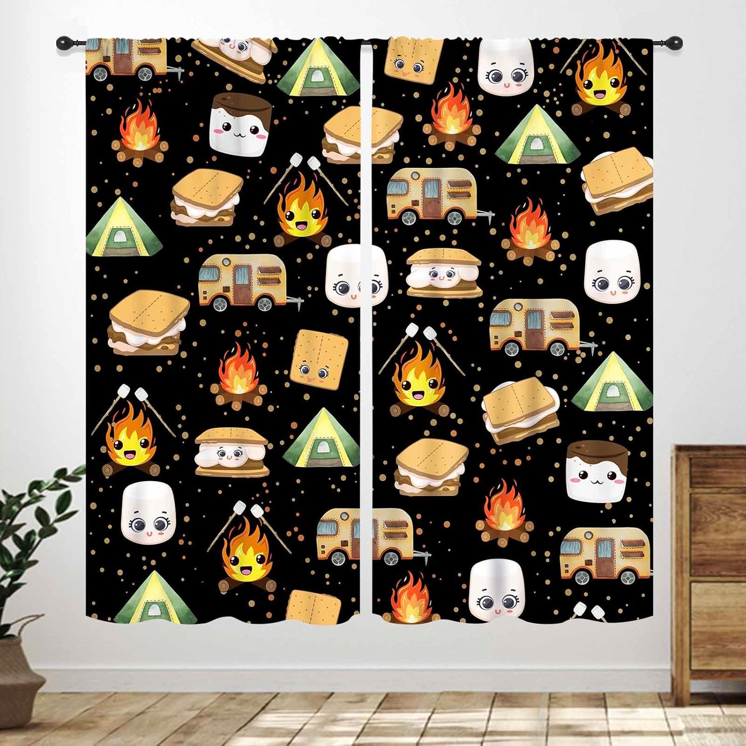 Happy Camper Kitchen Curtains,Camper Trailer Cartoon Animal Bear Forest Farmhouse Cute Campfire Camping Theme Kids Nursery Bedroom Living Room Bathroom Window Treatments 31.5" W x 63" L,2 Panel Set