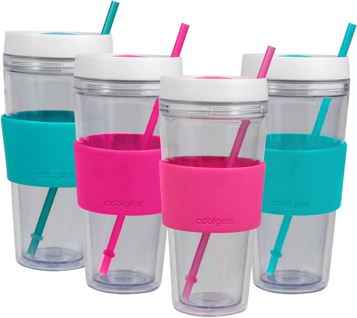 COOL GEAR 4-Pack 24 oz Callisto Clear Chiller with Straw and Band | Dual Function Spill-Proof Closure Colored Re-Usable Tumbler Water Bottle - Teal/Pink
