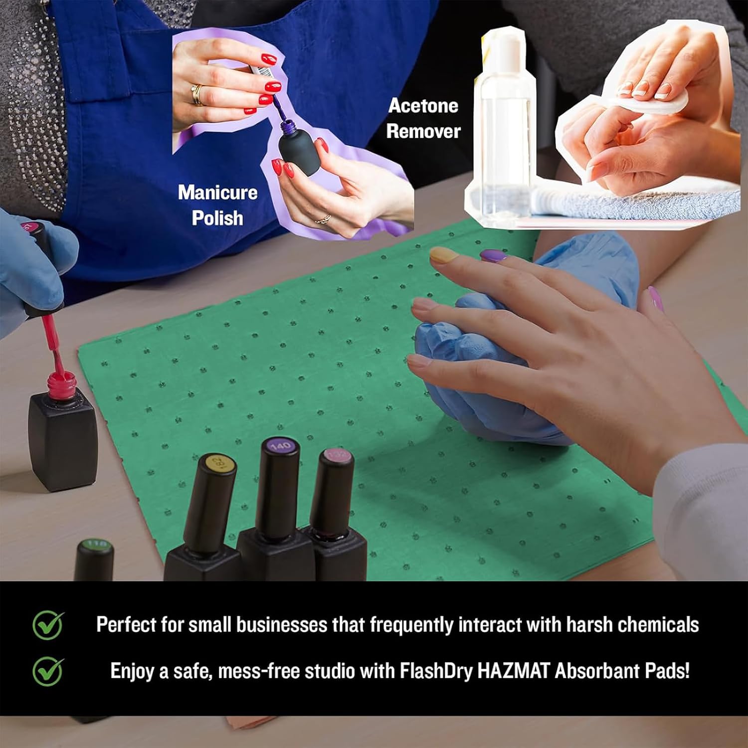 FlashDry Chemical Spill Absorbent Pads, 100 Pads, 17.5"x13.5" - Acid & Base Resistant, Durable, Fast-Wicking Liquid Cleanup for Labs, Chemical Workshops, Efficient Industrial Liquids Spill Control